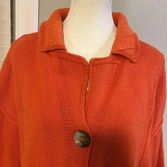 [L]Pure HandKnit orange Drop Shoulder SS Cotton Button Down Sweater - Picture 2 of 8